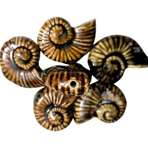 6 Fossil Ammonite Shell Ceramic Beads, Focal Beads